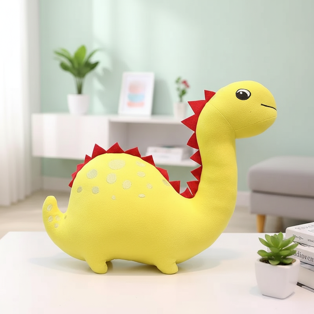 Yellow dinosaur-shaped plush toy on a table with a home interior background