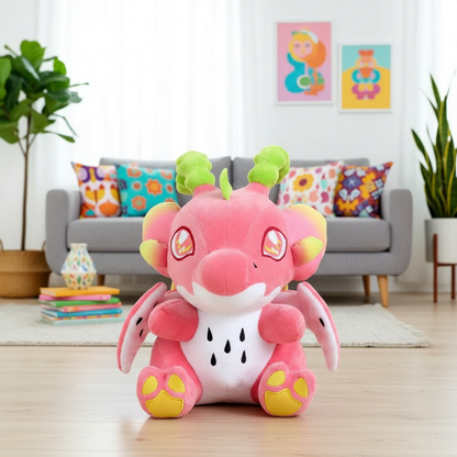 Pink plush toy with green accents on a wooden floor in a living room setting.