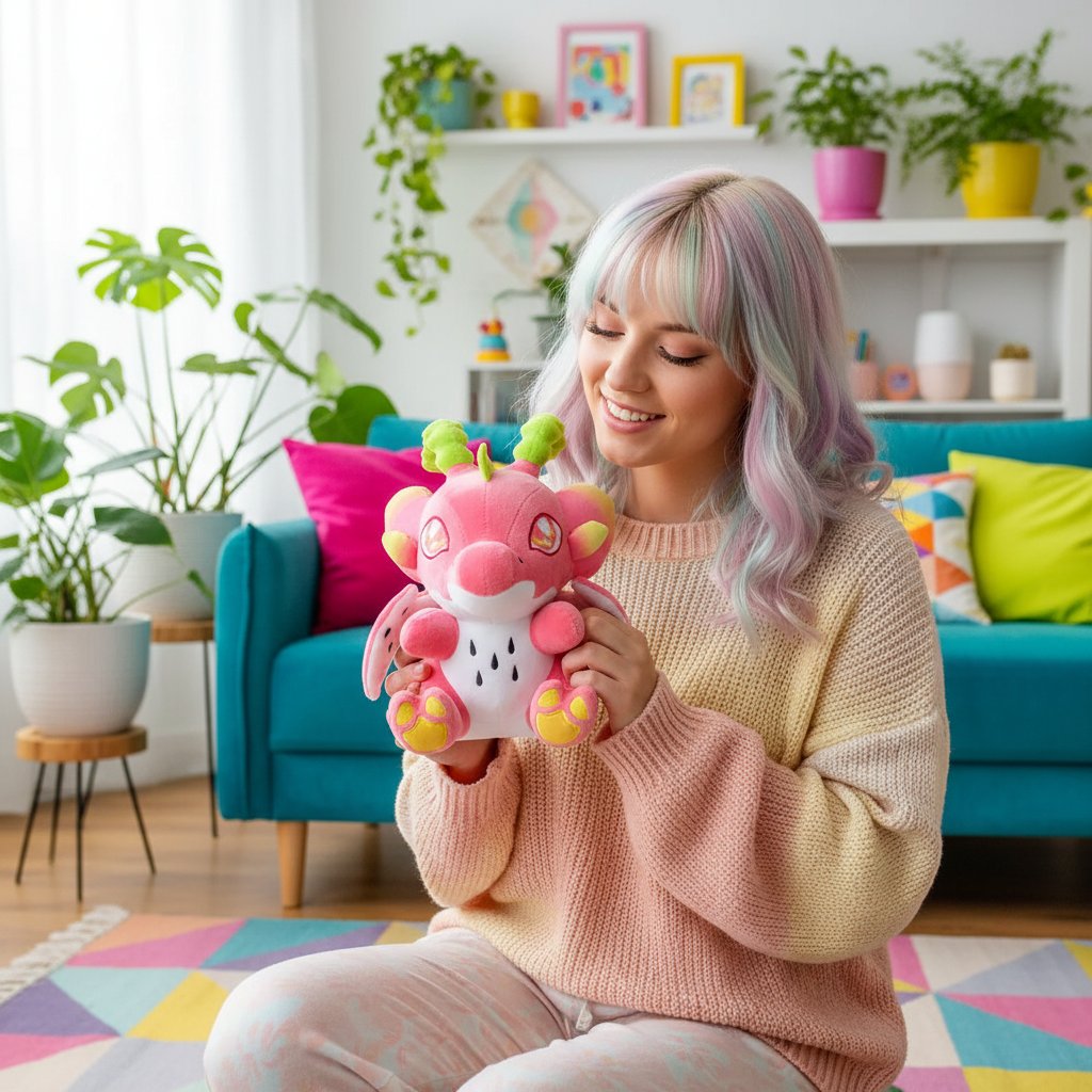 Woman holding a colorful plush toy in a bright living room