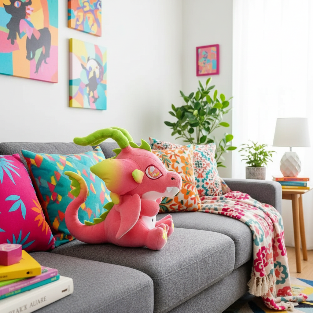Colorful living room with a pink dragon plush toy on a gray sofa.