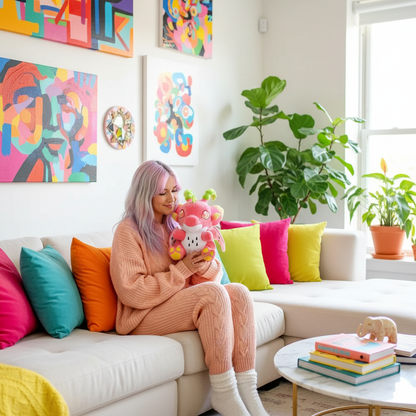 Woman sitting on a colorful couch holding a plush toy in a bright living room.