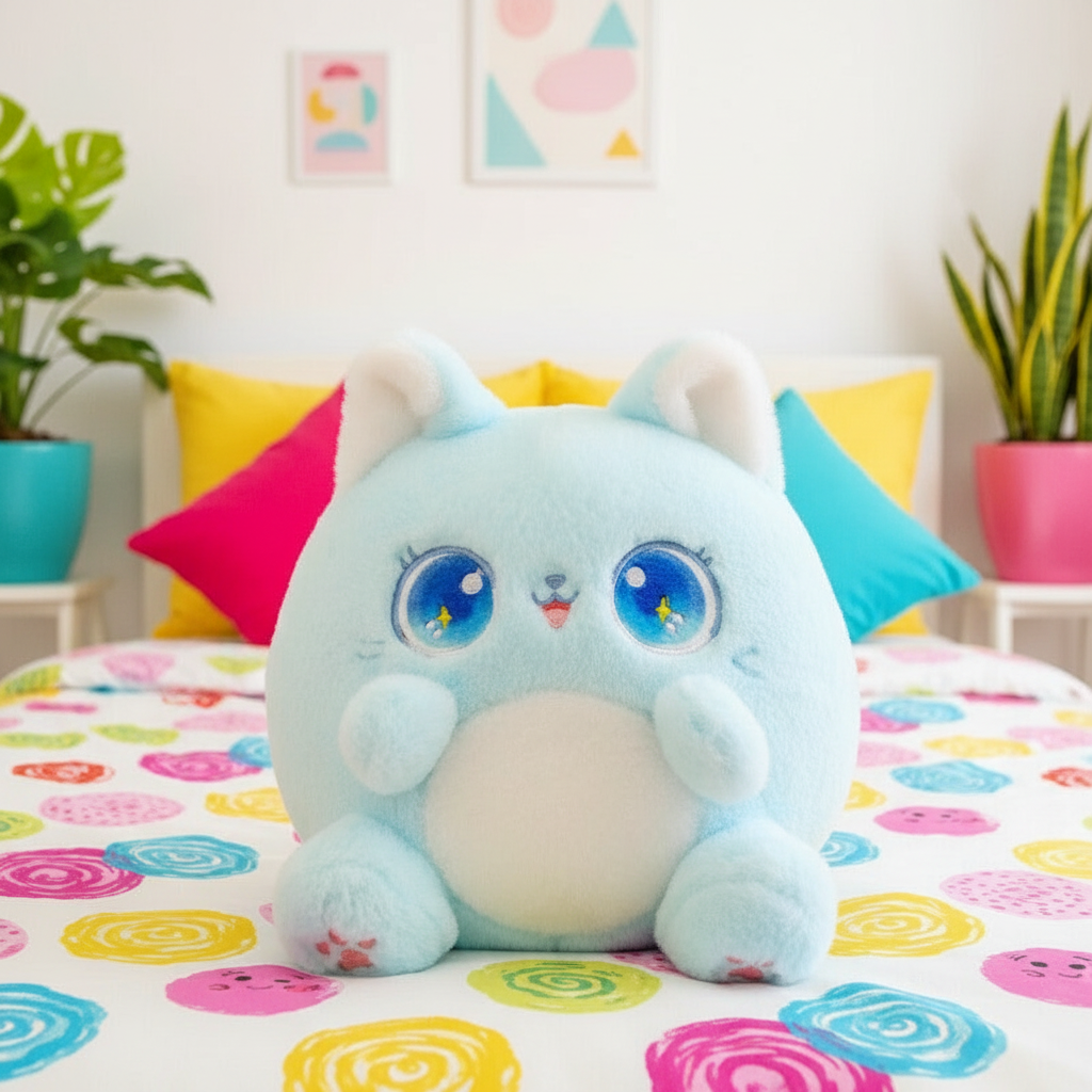 Plush cat with blue and white colors on a colorful blanket with plants and framed pictures in the background.