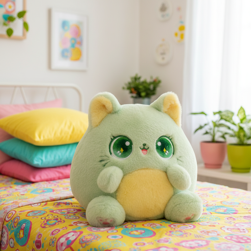 Green plush cat on a colorful bed with a room in the background