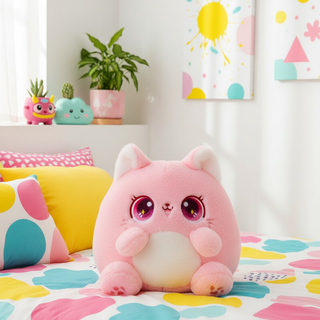 Pink plush cat with large eyes on a colorful bedspread in a room with decorative elements.