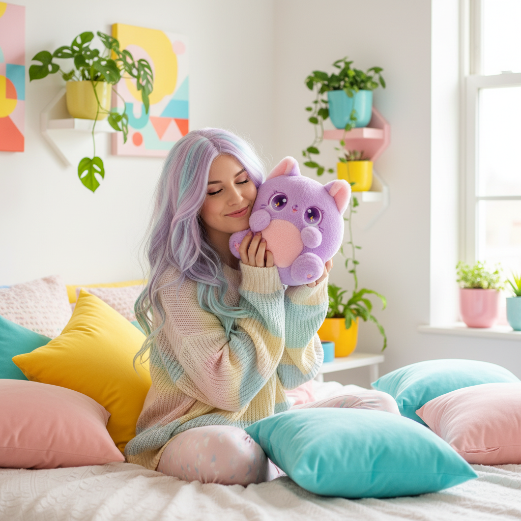 Woman holding a plush cat in a colorful room with plants and pillows.