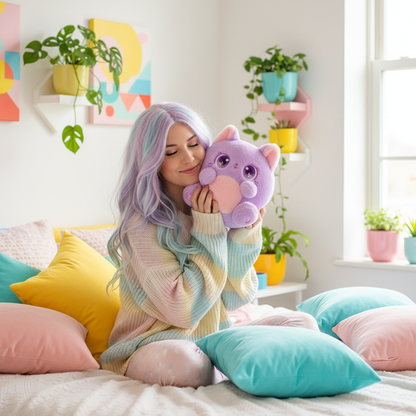 Woman holding a plush cat in a colorful room with plants and pillows.