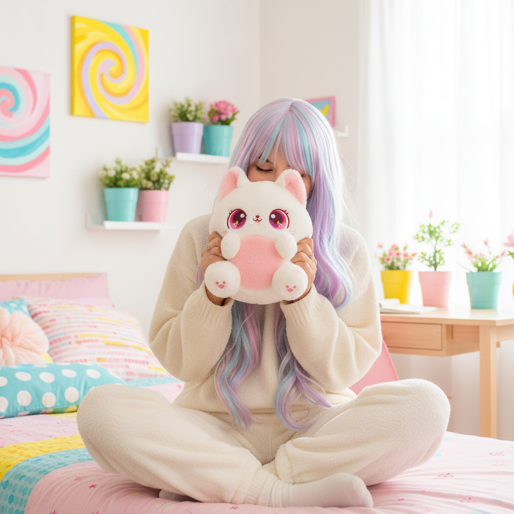 Person with pastel-colored hair holding a plush cat in a colorful room.