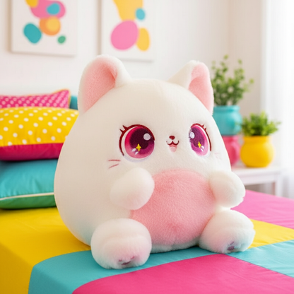 Cute plush cat with pink and white colors on a colorful surface