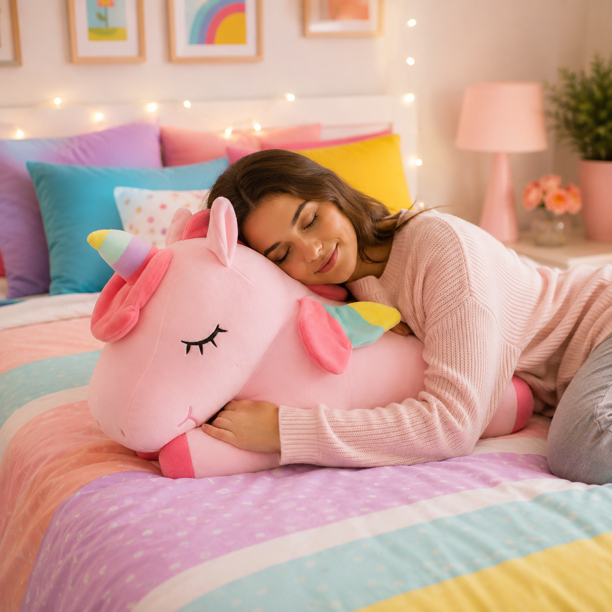 A woman lying on a pastel bed, hugging a large pink plush unicorn pillow with a rainbow horn and closed-eye detail.