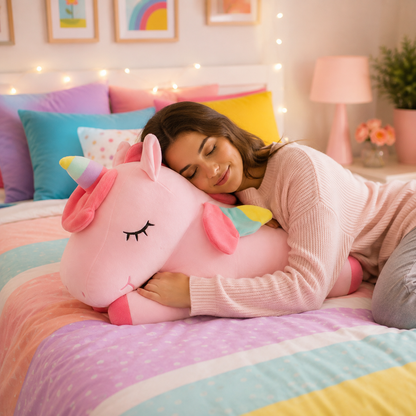 A woman lying on a pastel bed, hugging a large pink plush unicorn pillow with a rainbow horn and closed-eye detail.