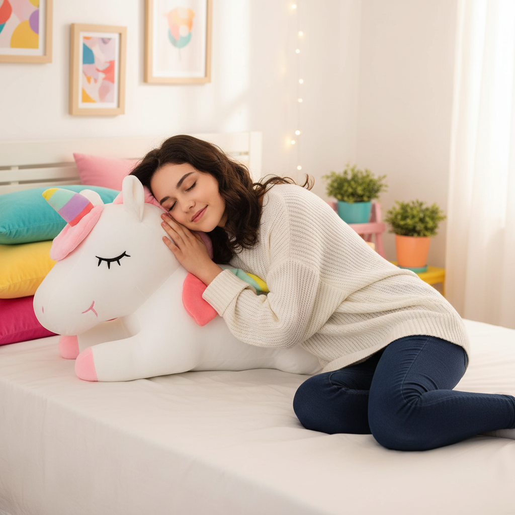 Woman lying on a bed with a large unicorn-shaped body pillow