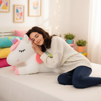 Woman lying on a bed with a large unicorn-shaped body pillow