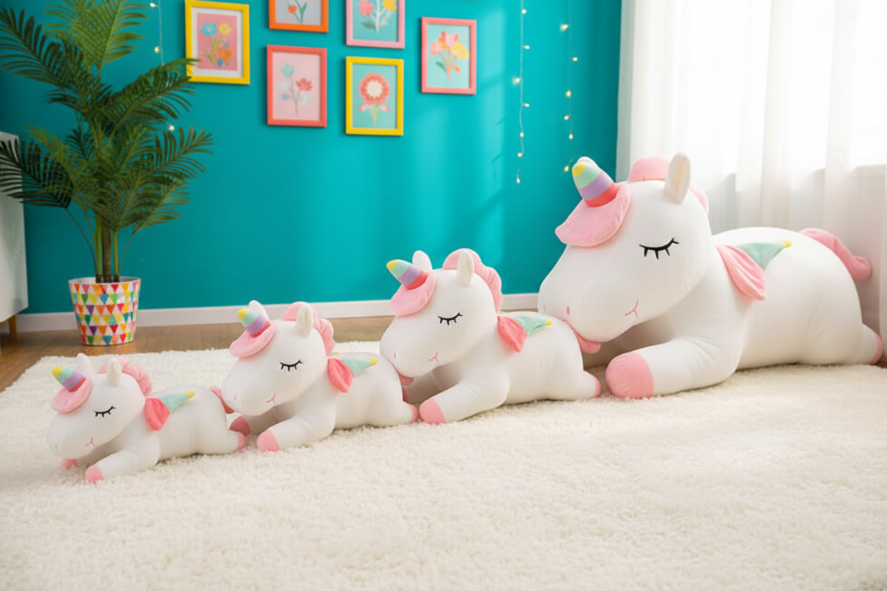 Set of plush unicorn toys on a carpeted floor with a colorful wall in the background.