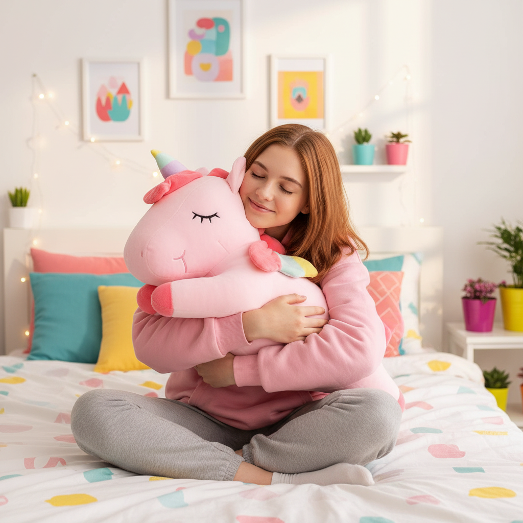 Woman hugging a large pink unicorn plush toy in a colorful bedroom.