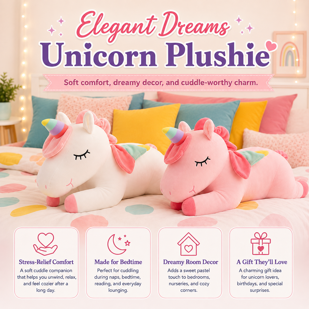 Two plush unicorn toys on a bed in a styled bedroom setting, with large text reading 'Elegant Dreams Unicorn Plushie' and four benefit callouts along the bottom.