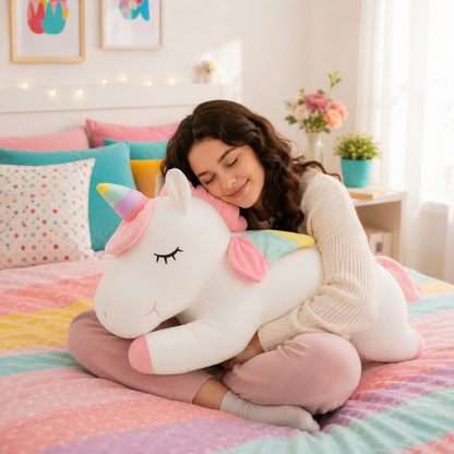 A woman sitting on a colorful bed in a bright bedroom, hugging a large plush unicorn pillow. The unicorn is white with a pastel rainbow horn and pink, yellow, and blue accents.