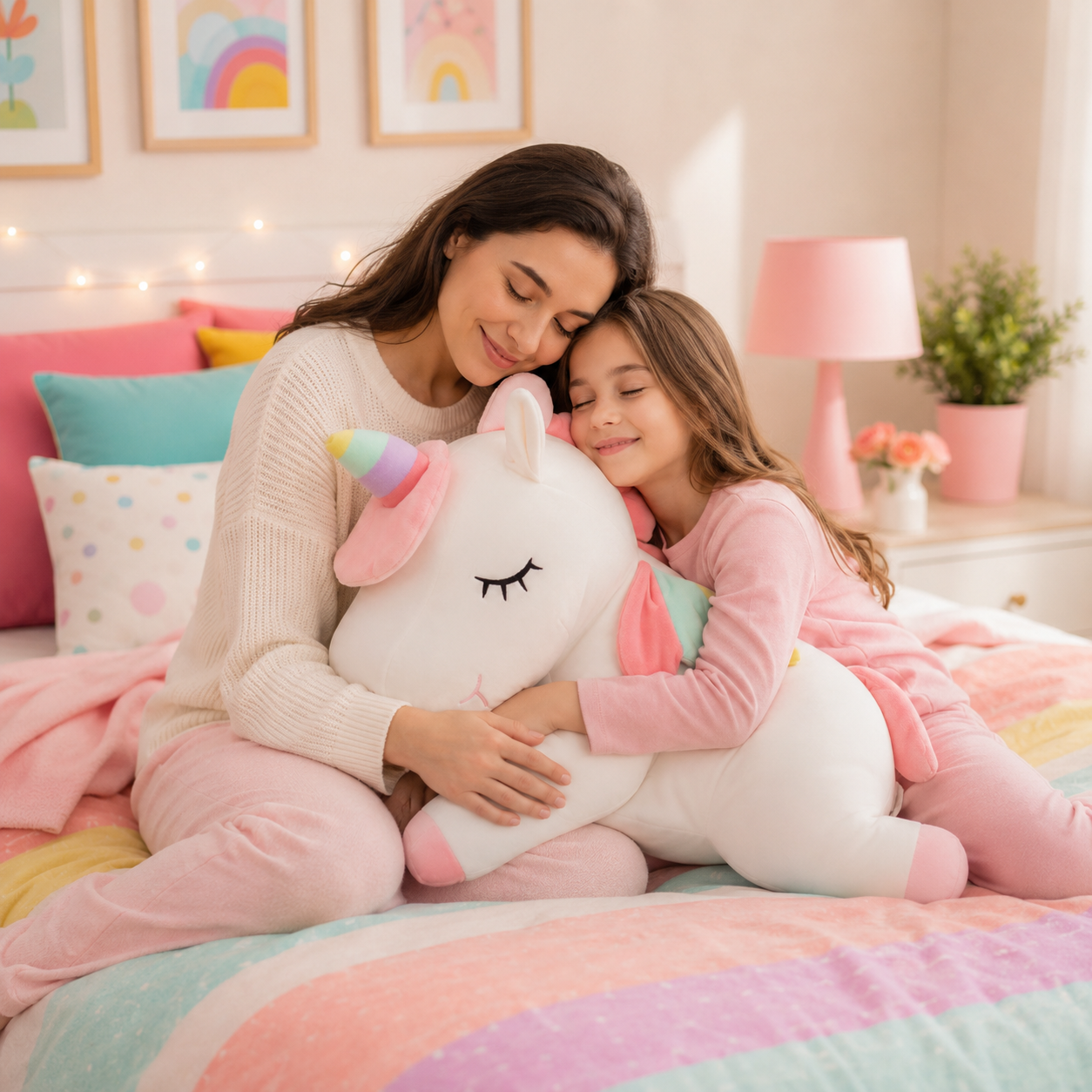 A woman and a child in matching pink pajamas hugging a large white plush unicorn with pastel rainbow accents in a cozy, pastel-colored bedroom.