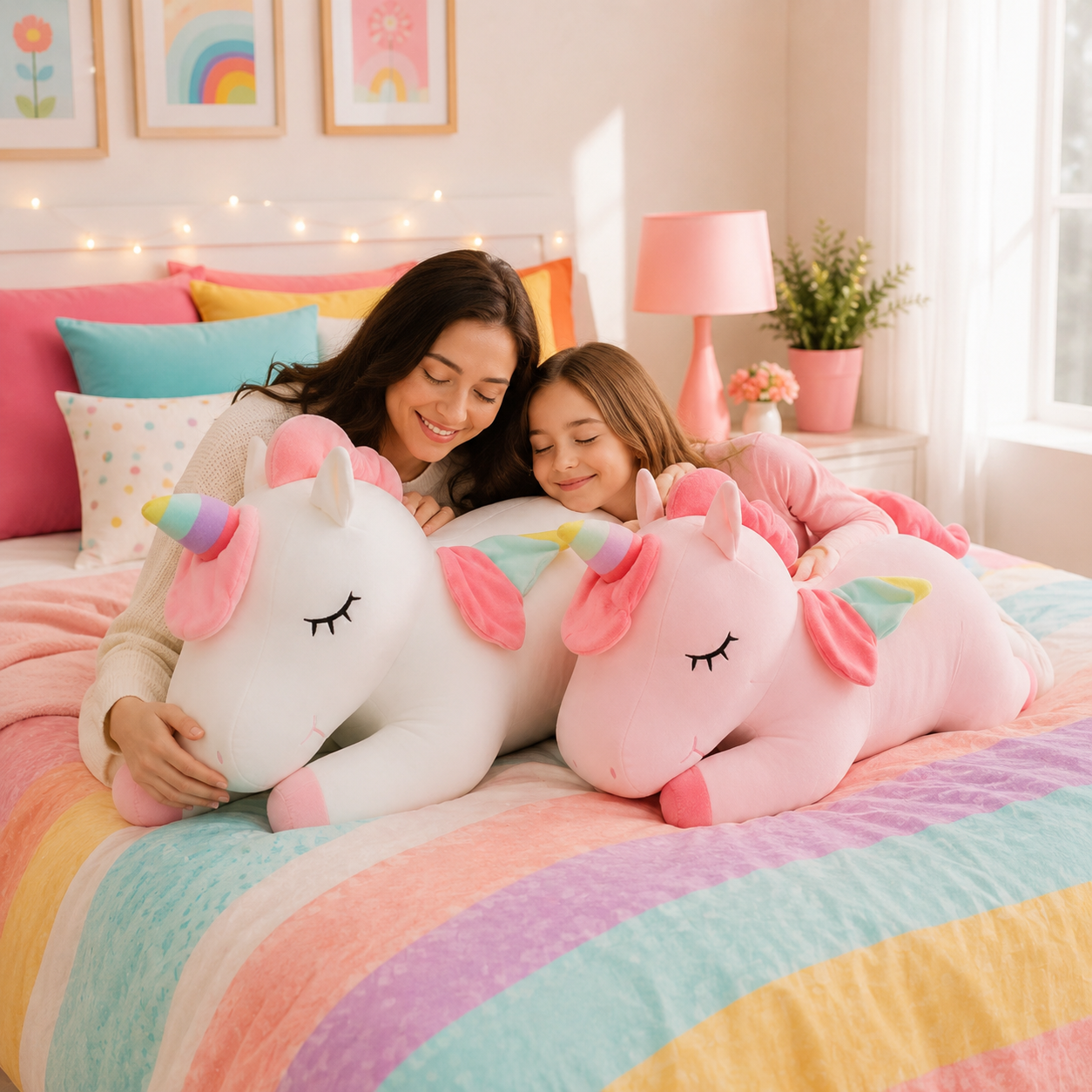 A woman and a child lying on a bed in a pastel bedroom, each holding a large plush unicorn toy. The bed has a rainbow-striped comforter, and the room is decorated with pink pillows, a pink lamp, and framed rainbow art.
