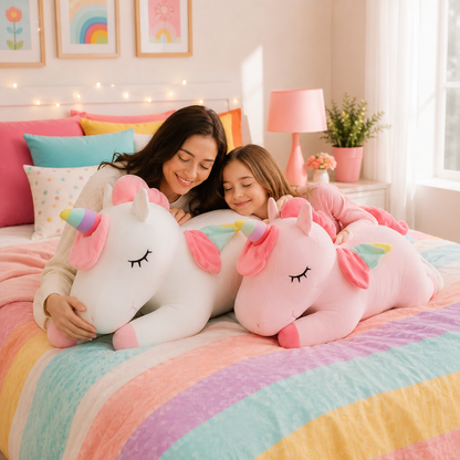 A woman and a child lying on a bed in a pastel bedroom, each holding a large plush unicorn toy. The bed has a rainbow-striped comforter, and the room is decorated with pink pillows, a pink lamp, and framed rainbow art.