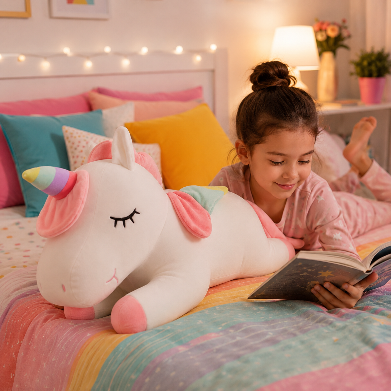 A young girl with her hair in a bun lies on a bed reading a book, next to a large white plush unicorn with pastel pink, yellow, and blue accents. The bedroom is decorated with colorful pillows, fairy lights, and a warm lamp in the background.