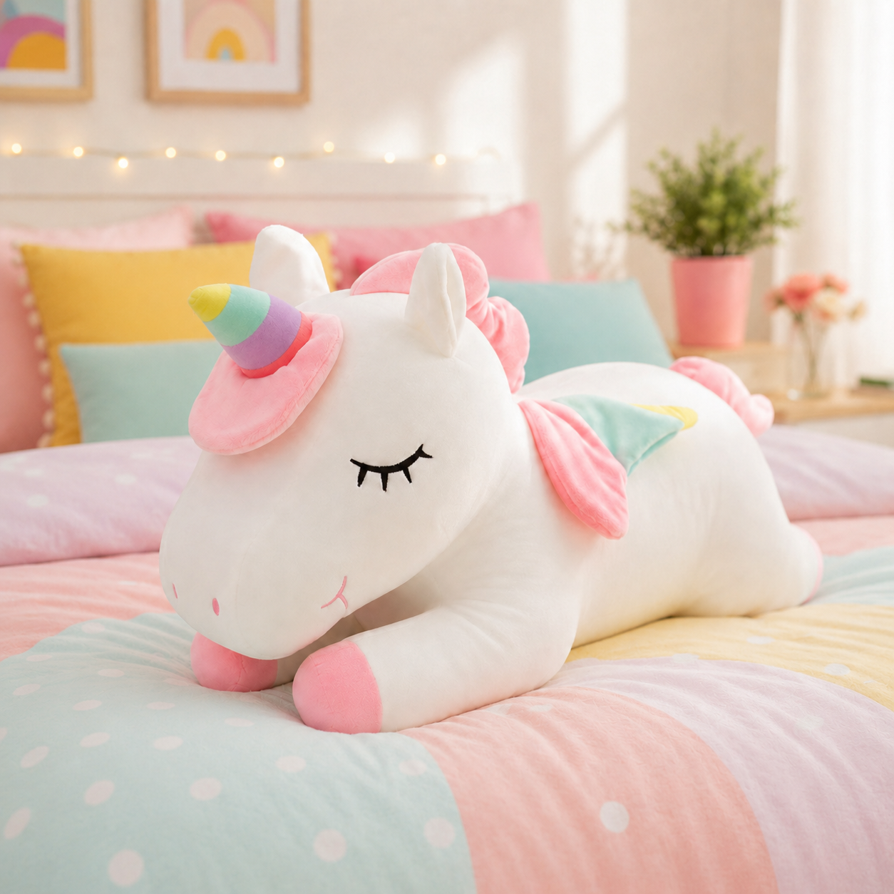 A white plush unicorn toy with pink, mint green, and rainbow accents, resting on a pastel-colored bed in a cozy bedroom setting.