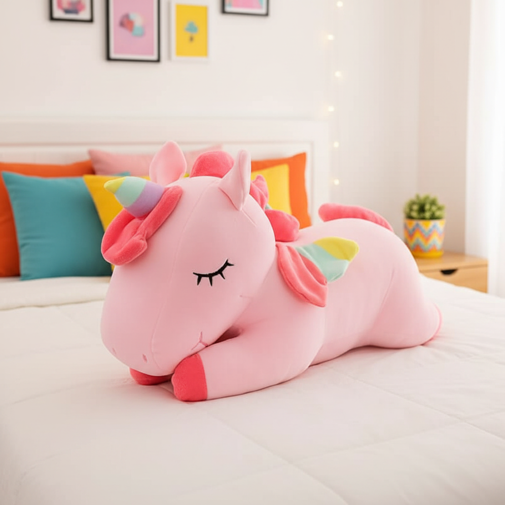Pink unicorn plush toy on a bed with colorful pillows and a cozy room setting.