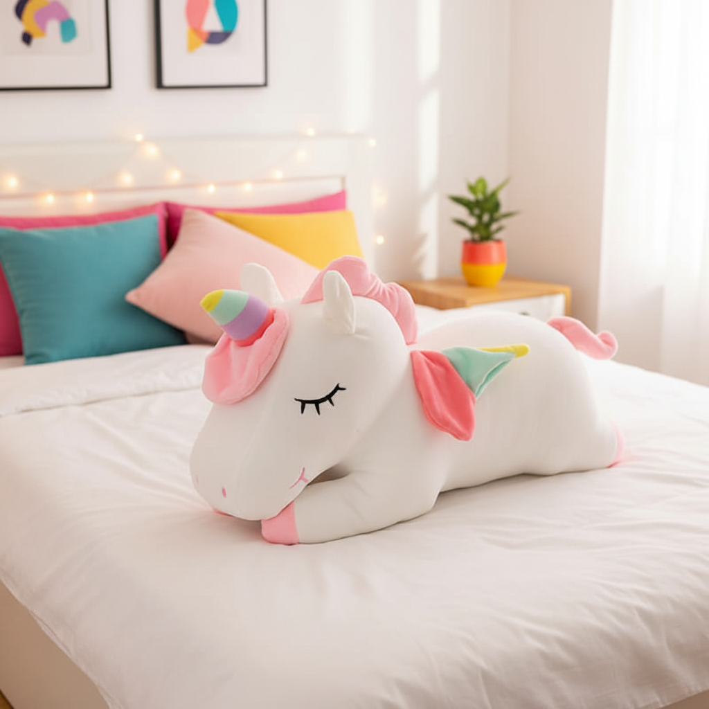 Unicorn-shaped plushie on a bed with colorful pillows and fairy lights in the background