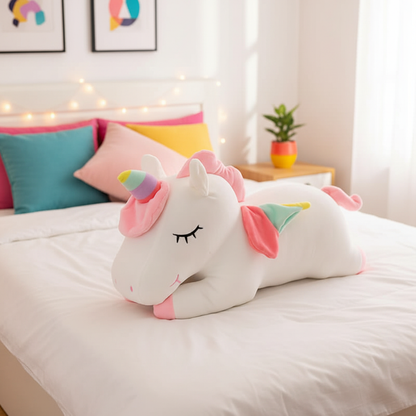 Unicorn-shaped plushie on a bed with colorful pillows and fairy lights in the background