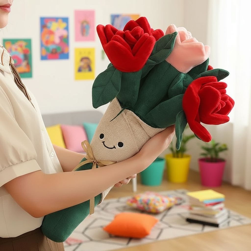 Woman holding a giant plushie rose bouquet in a vibrant living room setting