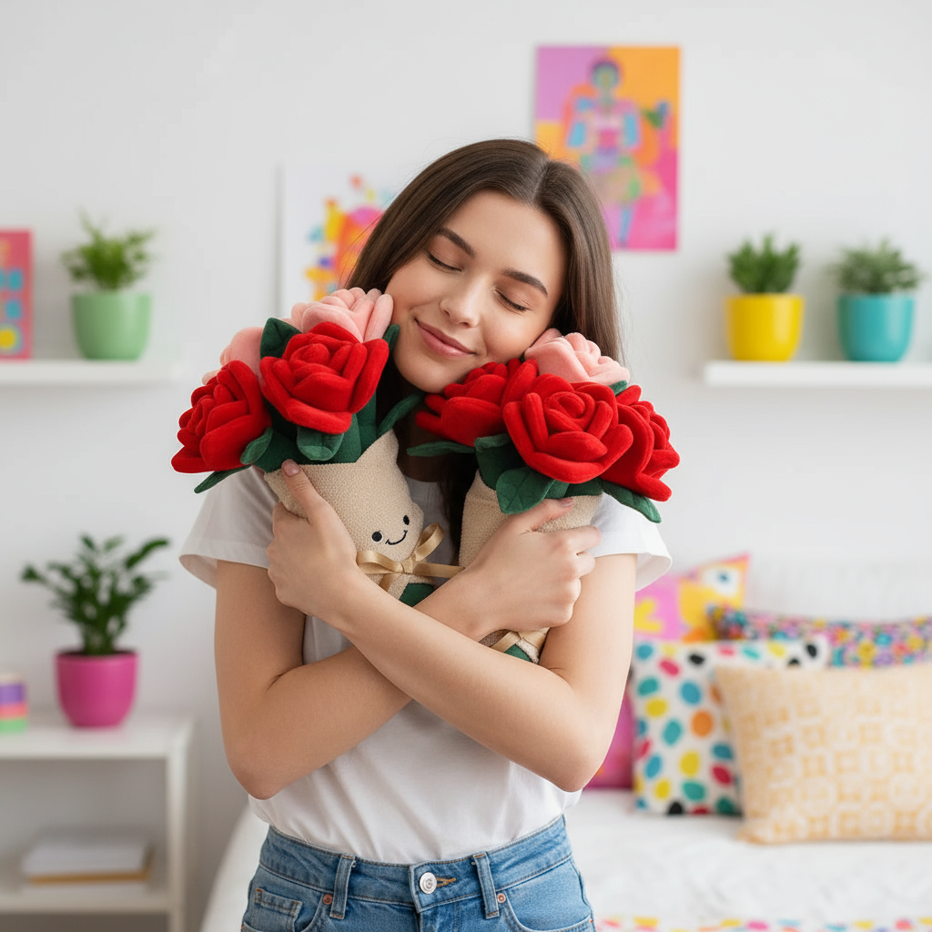 Woman hugging two Everlasting Rose Plush Bouquets in a colorful bedroom setting