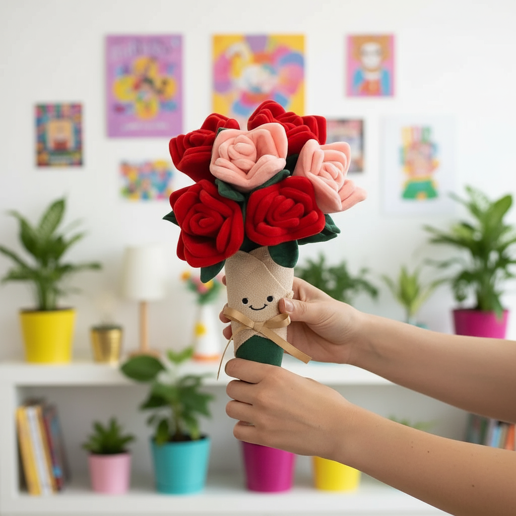 Rose Bouquet Plushie being held in a colorful living room setting