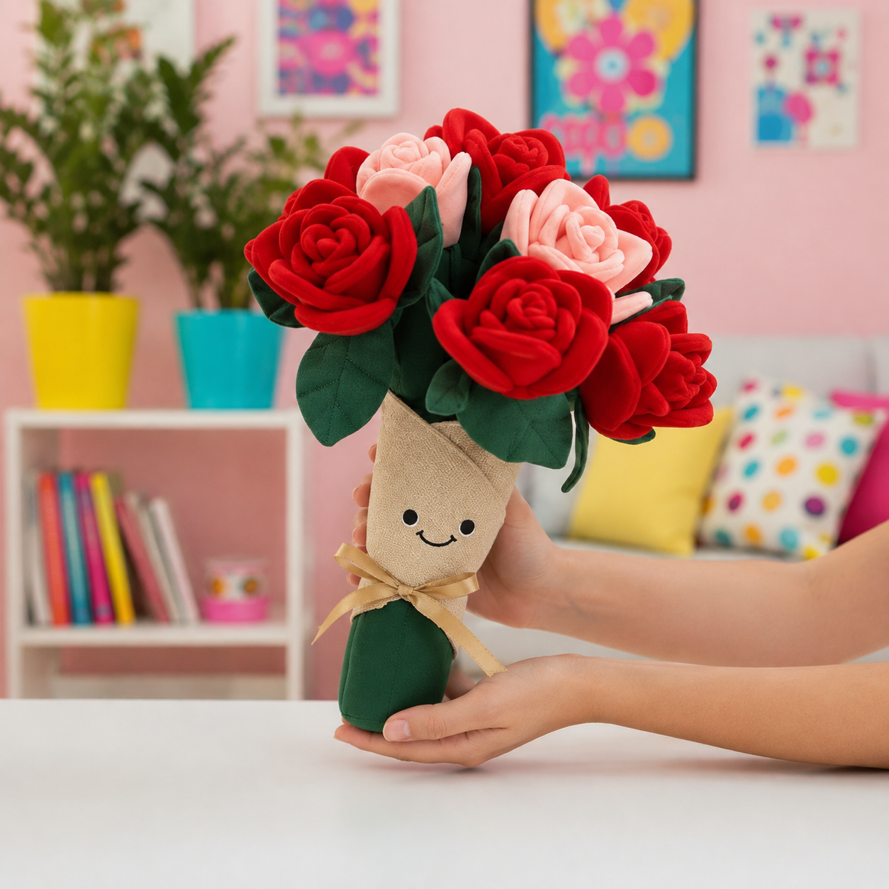 A handmade plush flower bouquet with red and pink roses, green leaves, and a cute smiling felt pot being held by two hands. The background shows a cozy, colorful room with a pink wall, shelves, and plants.