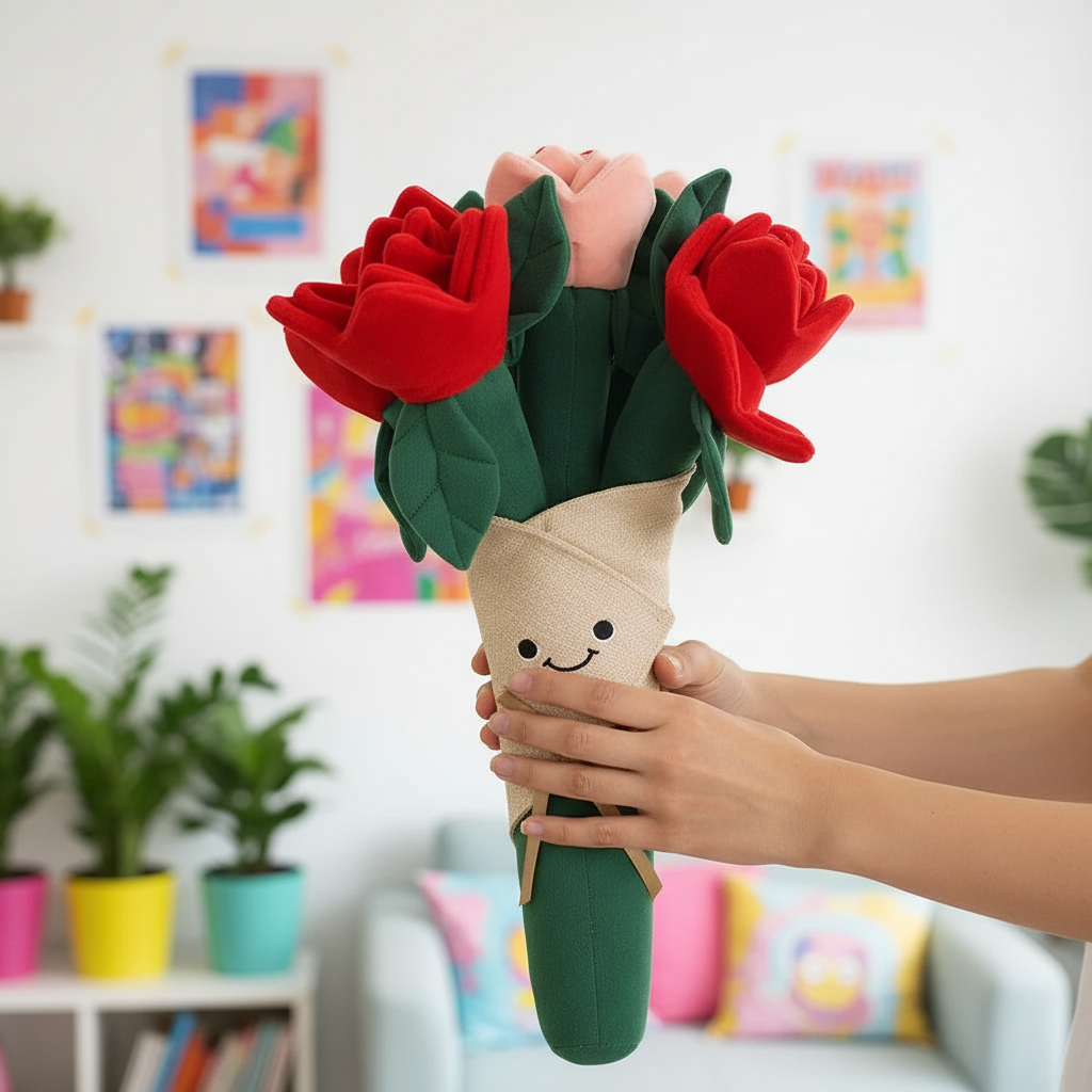 Everlasting Rose Plush Bouquet being held in a colorful living room setting