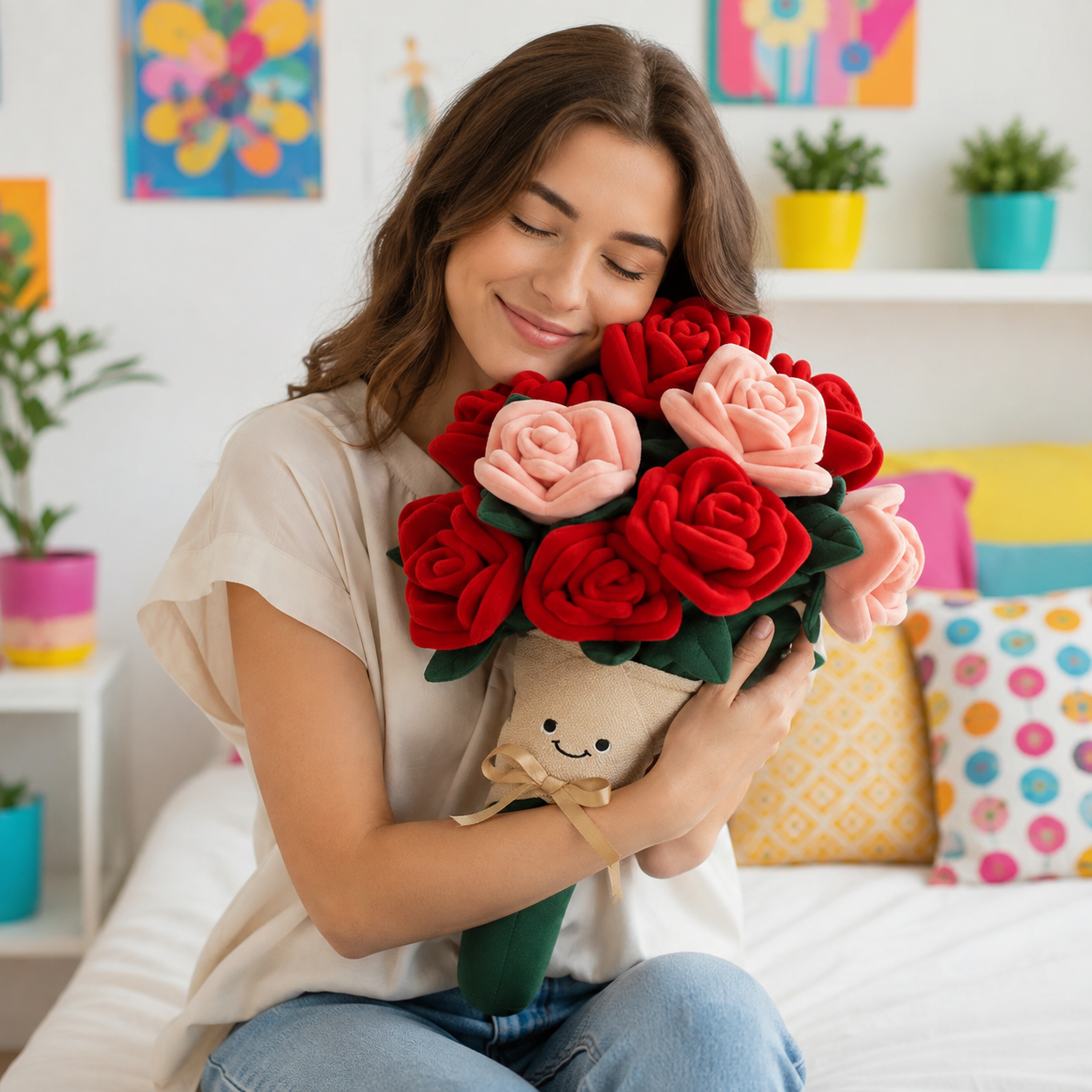 A woman sitting on a bed in a brightly decorated room, holding a plush bouquet of felt roses in red, pink, and white with green stems and a smiling beige flower pot.