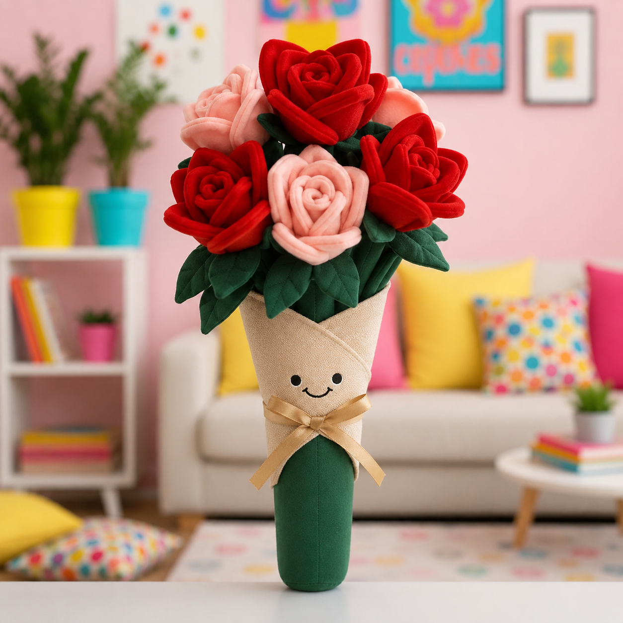 A plush felt flower bouquet with red and pink roses, green leaves, and a smiling beige wrapper tied with a ribbon, displayed on a table in a colorful living room setting.