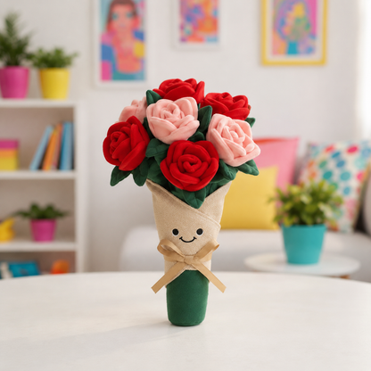 A small felt flower bouquet arrangement in a green vase with a smiling face on the wrapper, set on a white table in a bright, colorful room.