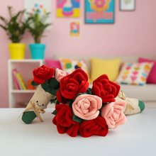 Two plush rose bouquets laying on a table in a colorful living room setting