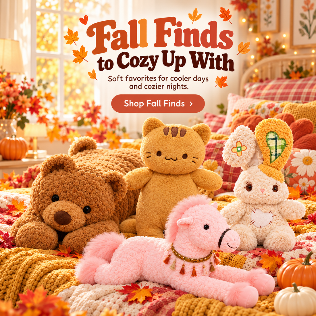 Cozy Dandelion Vine Fall Finds display featuring Marmalade Tabby Cat, Bearly Awake Teddy Bear, Heartstitched Bunny, and Meadow Mane Horse plushies arranged on warm autumn bedding with pumpkins, colorful blankets, and fall leaves.