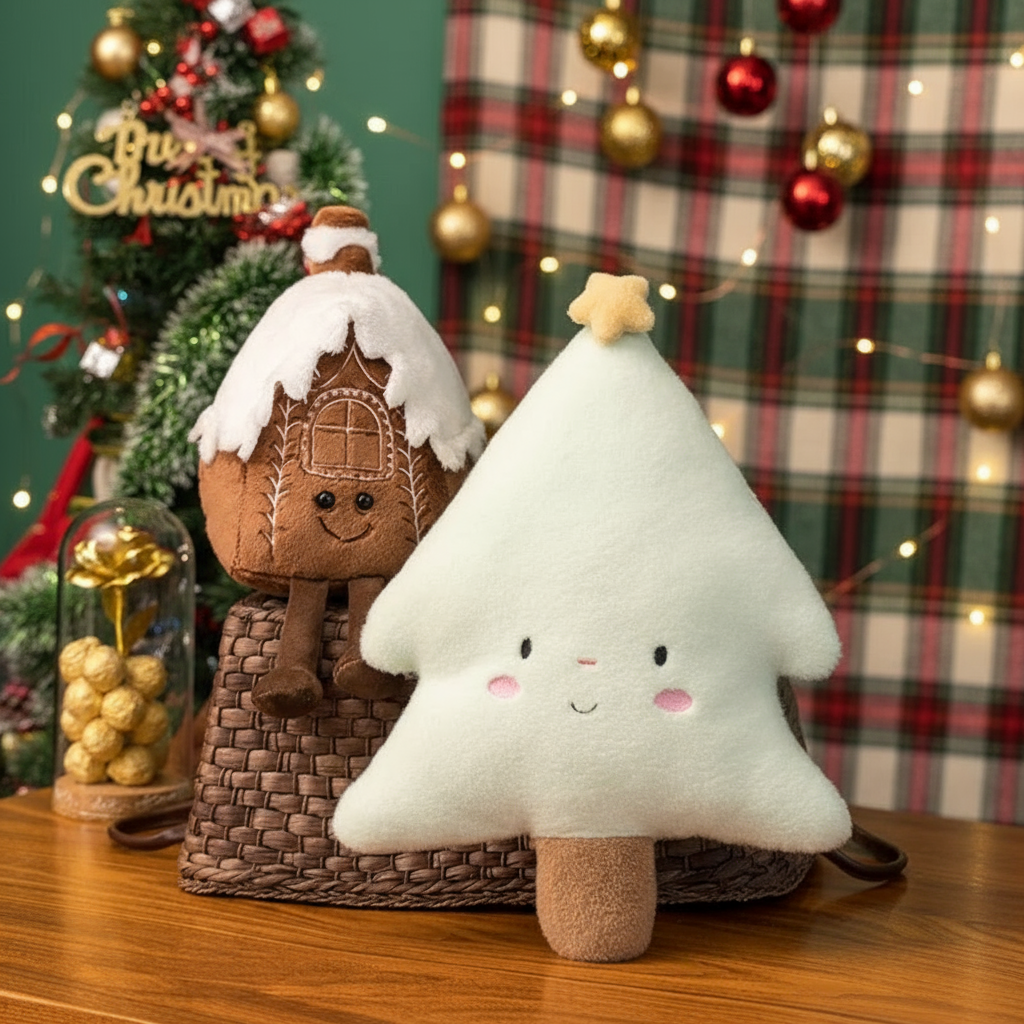 Plush toy gingerbread house and tree with Christmas decorations in the background