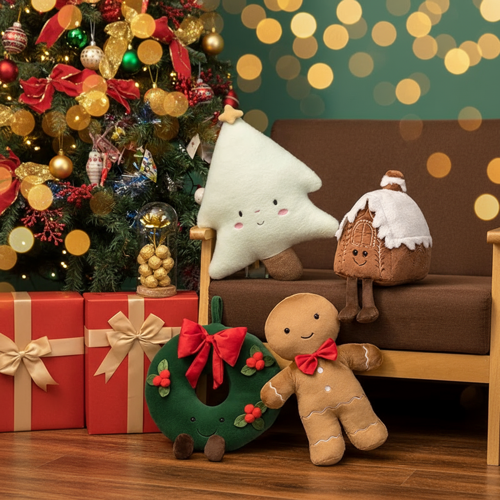 Christmas-themed scene with plush toys, a tree, and presents on a wooden floor.