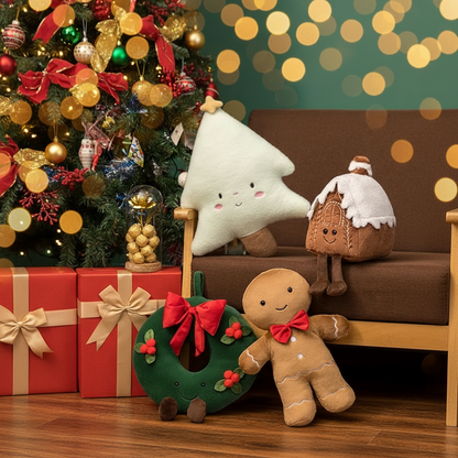Christmas-themed scene with plush toys, a tree, and presents on a wooden floor.