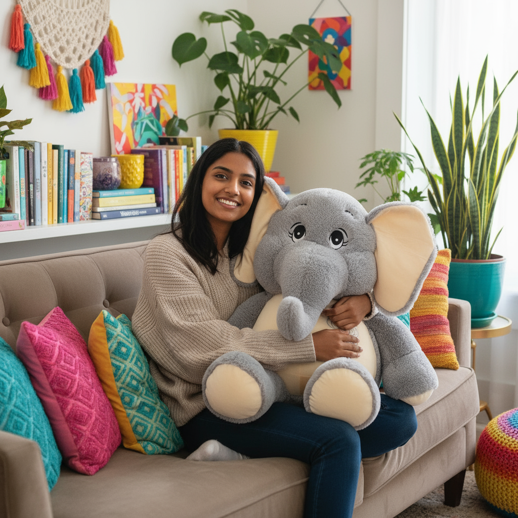Woman sitting on a couch holding a large plush elephant toy in a colorful living room.
