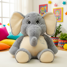 Plush elephant toy in a colorful room with pillows and decorations