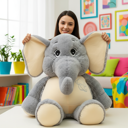 Woman holding a large plush elephant toy in a colorful room.