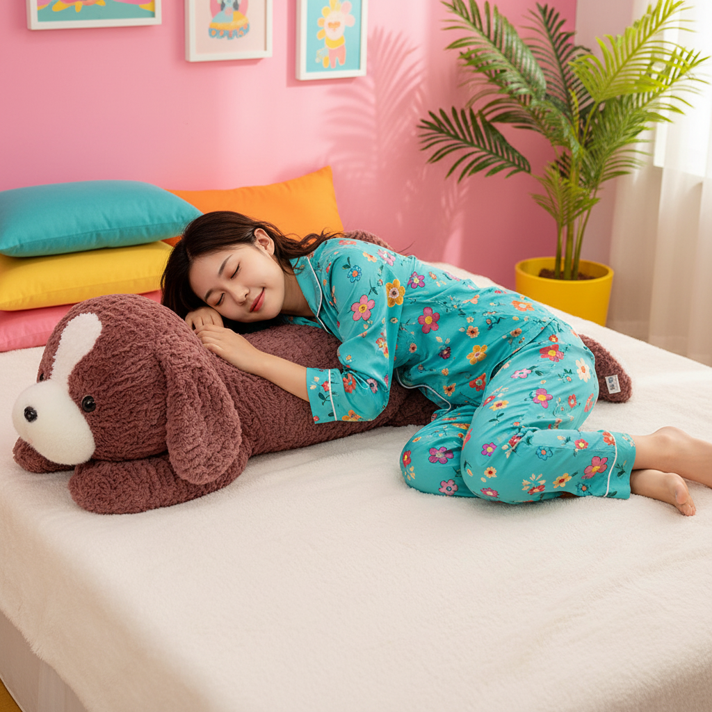 A woman wearing a turquoise floral pajama set rests on a bed with a brown plush dog pillow in a brightly lit bedroom with pink walls and a potted plant.