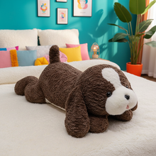 A brown and white plush dog body pillow lying on a white bed in a brightly decorated bedroom with a turquoise wall, colorful pillows, framed art, and a potted plant.