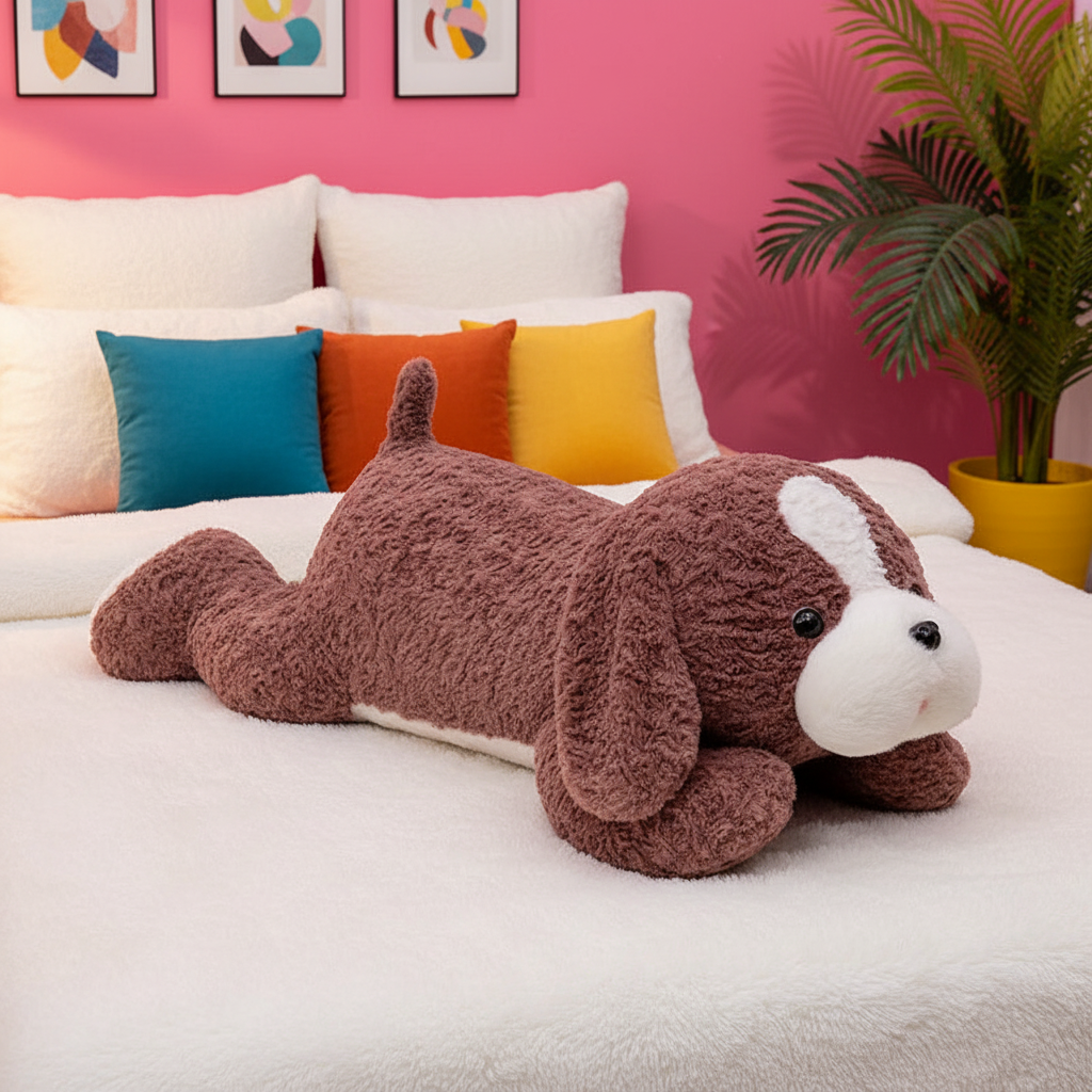 A brown plush dog-shaped pillow with a white muzzle and ears, lying on a white bed in a bedroom setting with colorful accent pillows and a pink wall.