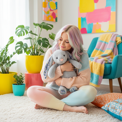 Woman sitting on the floor holding a plush rabbit in a colorful room with plants and abstract art.