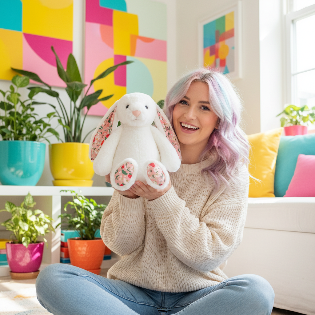 Woman holding a plush bunny toy in a colorful room with plants and abstract art.
