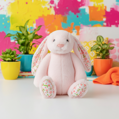 Pink plush bunny with floral patterns on a colorful background